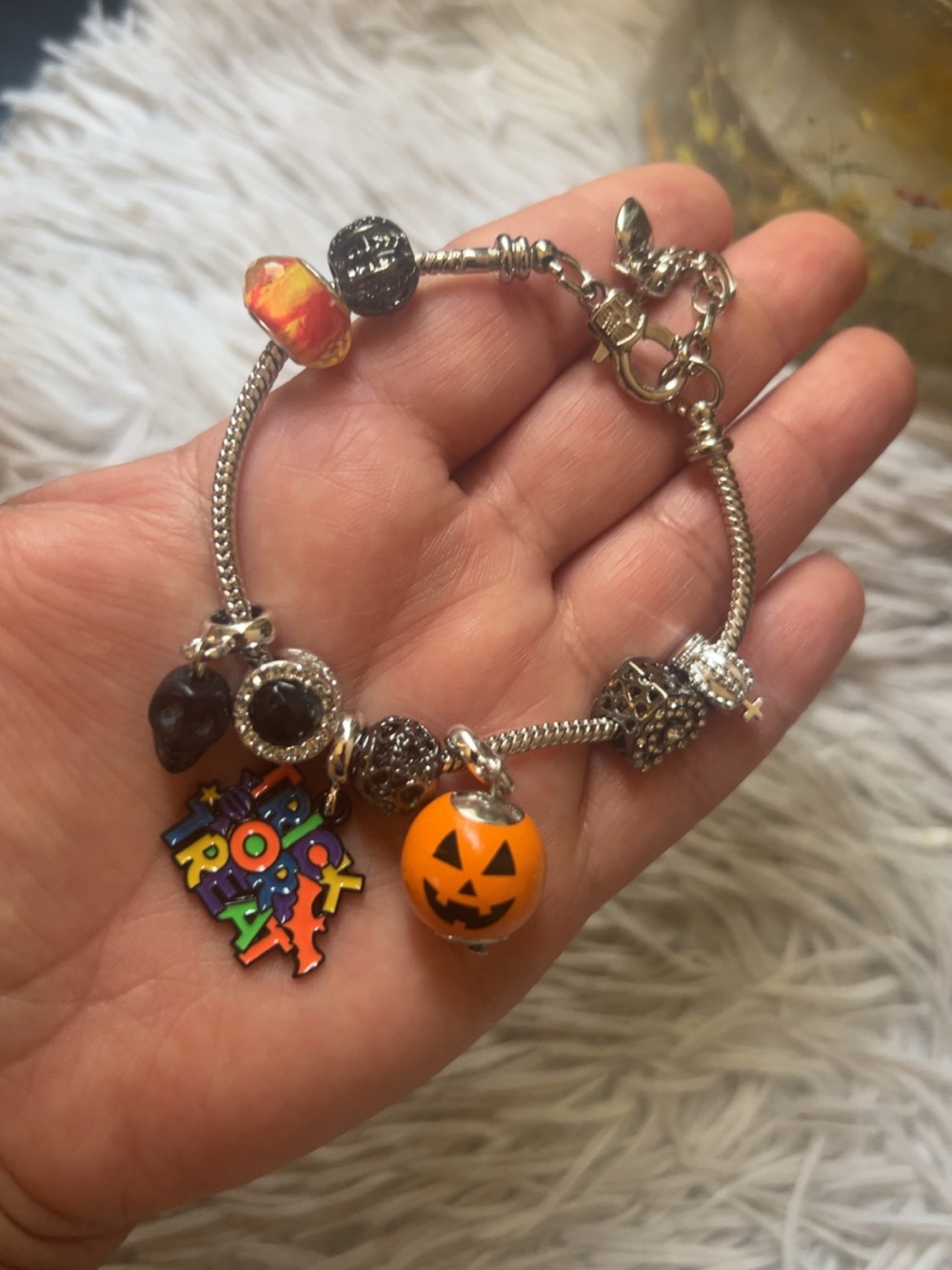 Silver Halloween Charm Bracelet with Orange Pumpkin Charm
